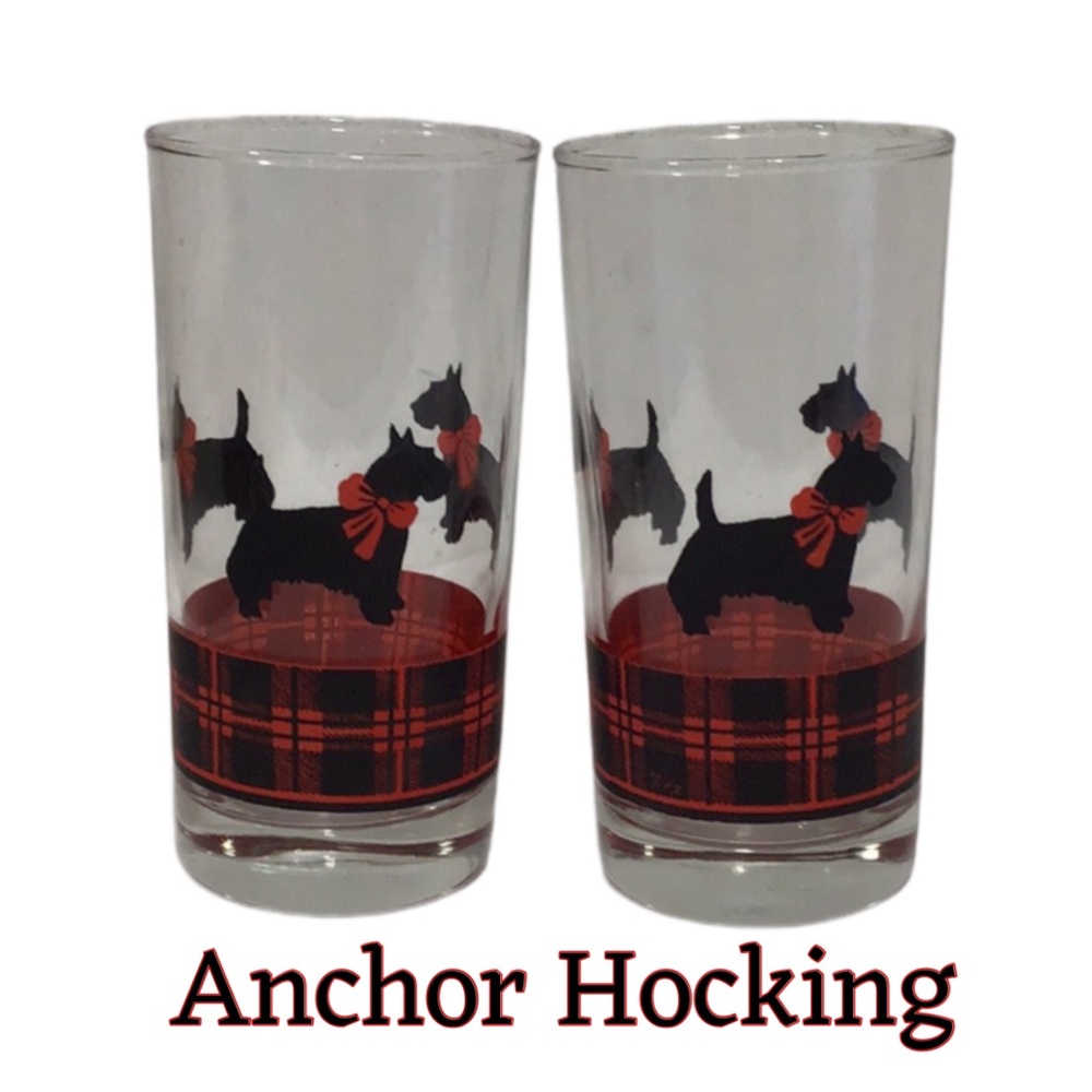 Vintage ANCHOR HOCKING Fitz Scotty 12.5 Oz. Glasses, Red/Black Design, Set of 2